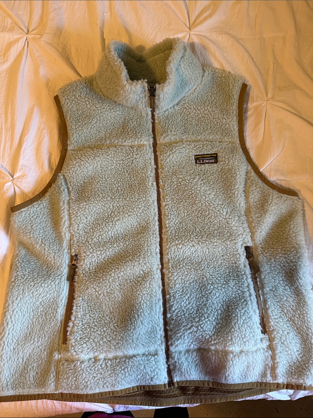 L.L. Seafoam green Sherpa Fleece Vest with Brown Trim